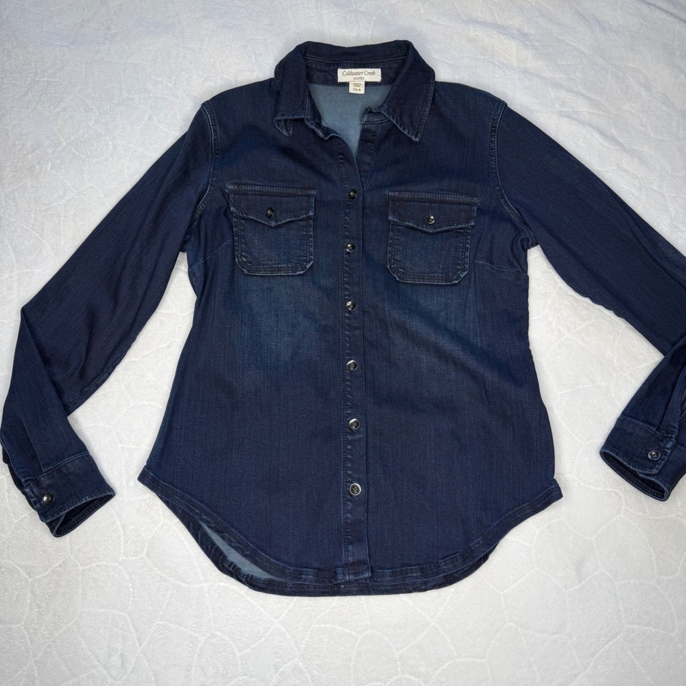 Coldwater Creek Womens S Dark Wash Denim Button Down Shaped Fit Shirt 4004060